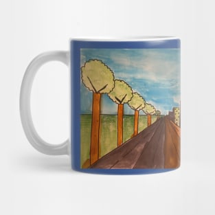 City scape trees pink building Mug